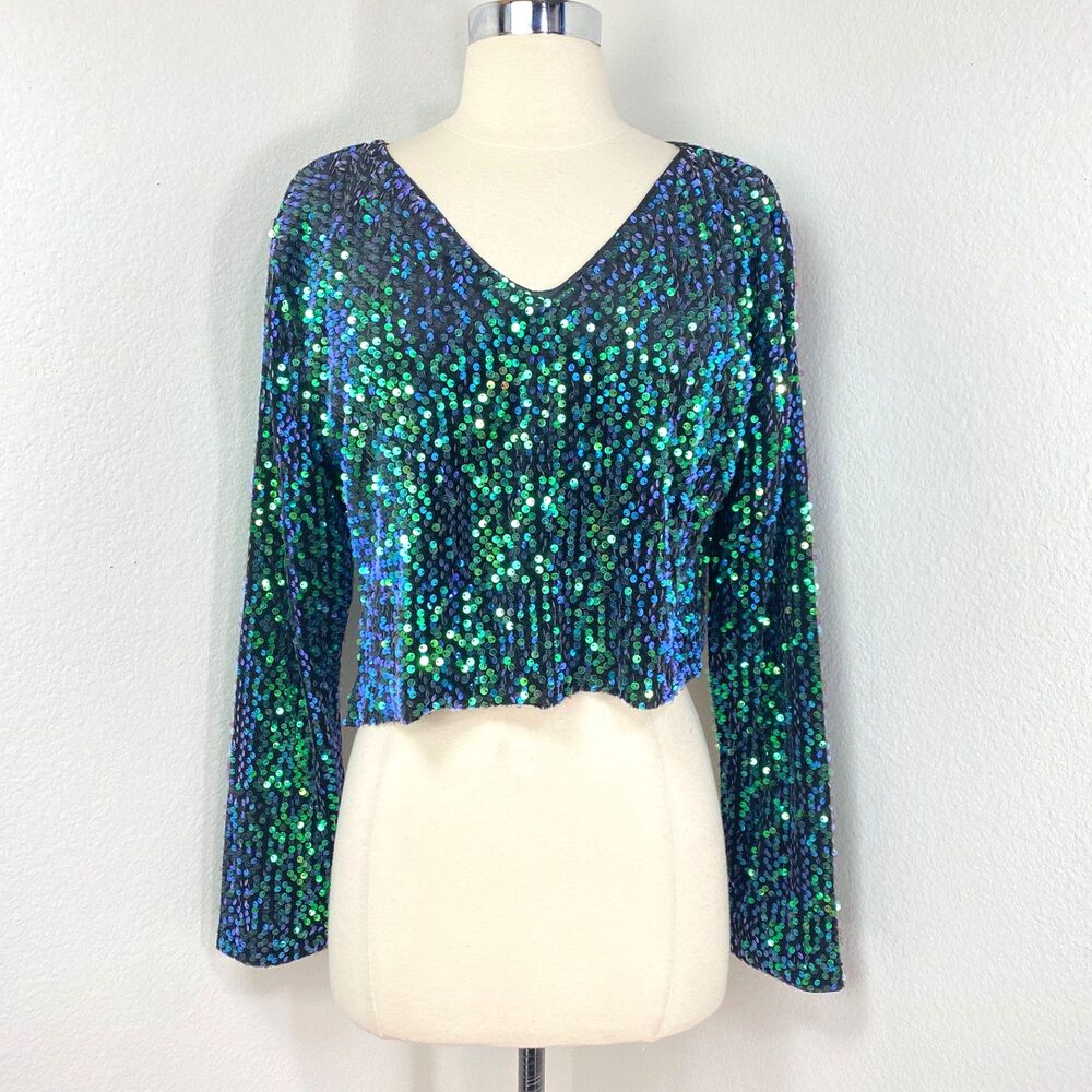 Fashion Green Blue Sequin Halter Top Long Sleeves Small Raw Hem Relaxed Party